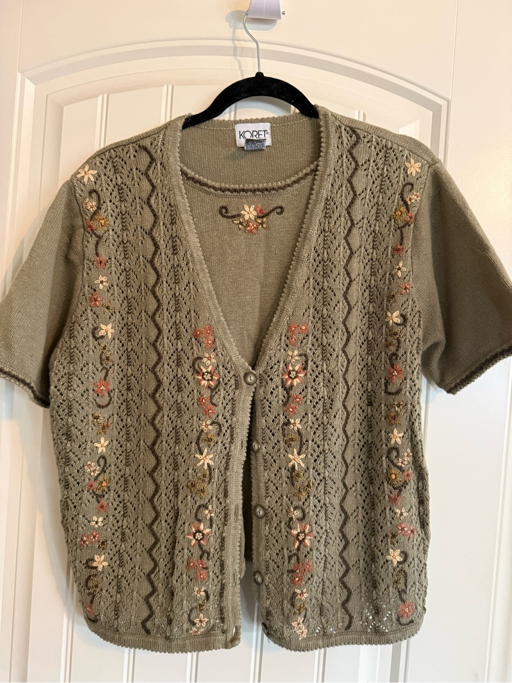 Koret Olive Green Short-Sleeve Embroidered Knit Cardigan Vintage